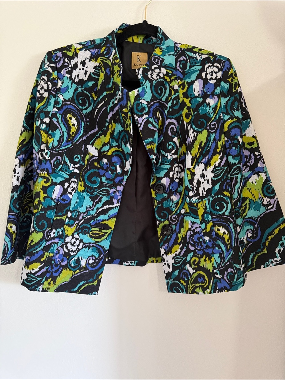 Kasper Teal, Black & Lime Floral Print Blazer